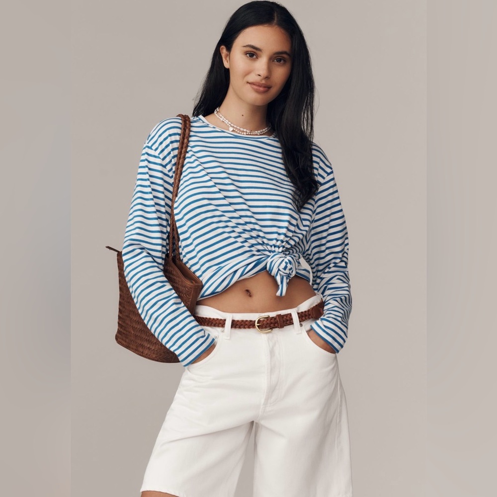 Anthro Daily Practice Cotton Long Sleeve Tee Blue & White Striped Women's Top M